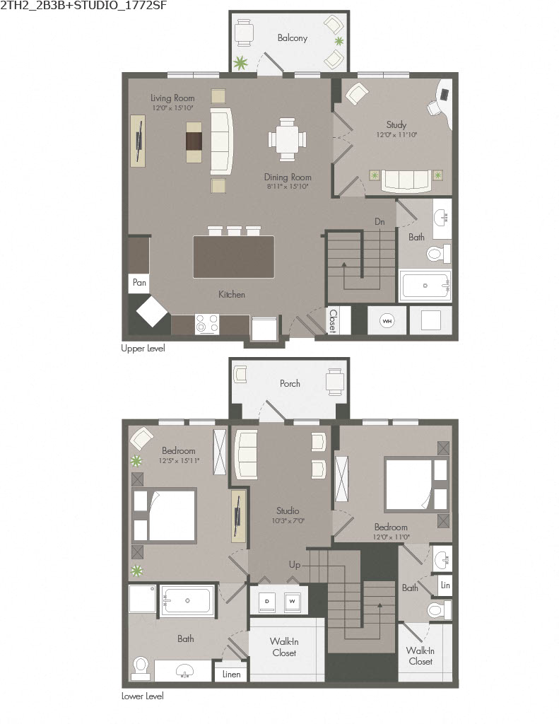 Floor plan for 2 beds, 3 baths, 1772 sqft
